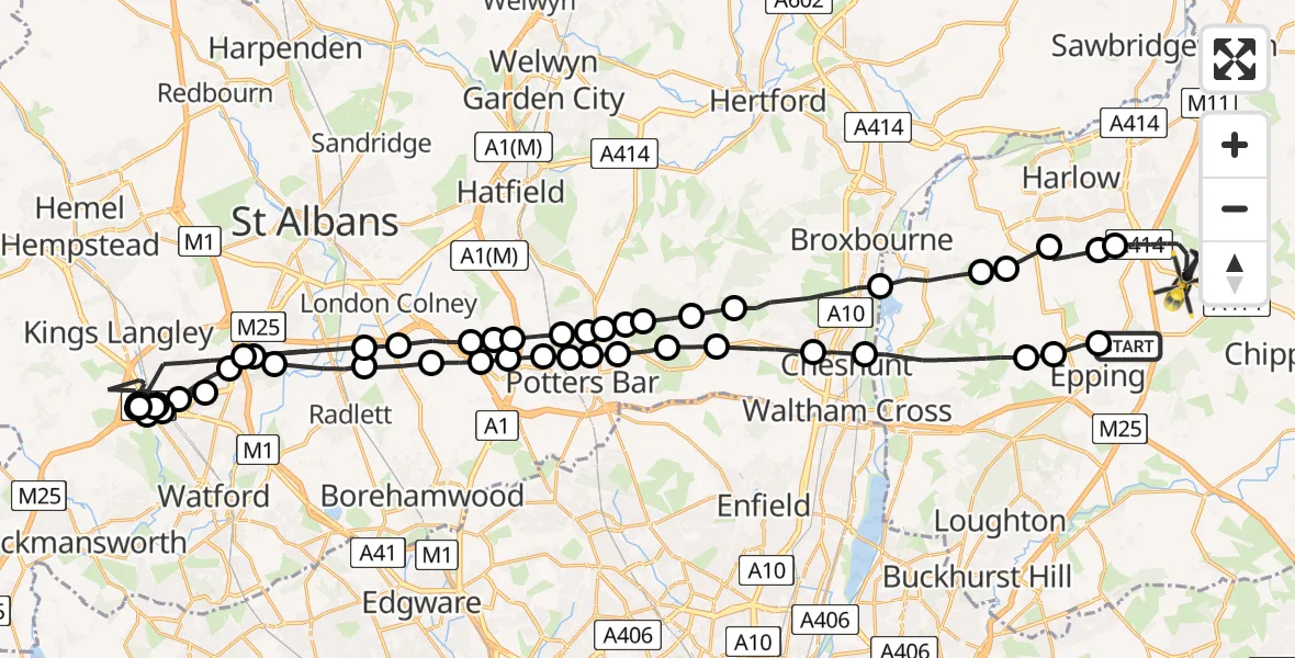 Flight path map showing Police Helicopter route from North Weald Bassett to North Weald Bassett