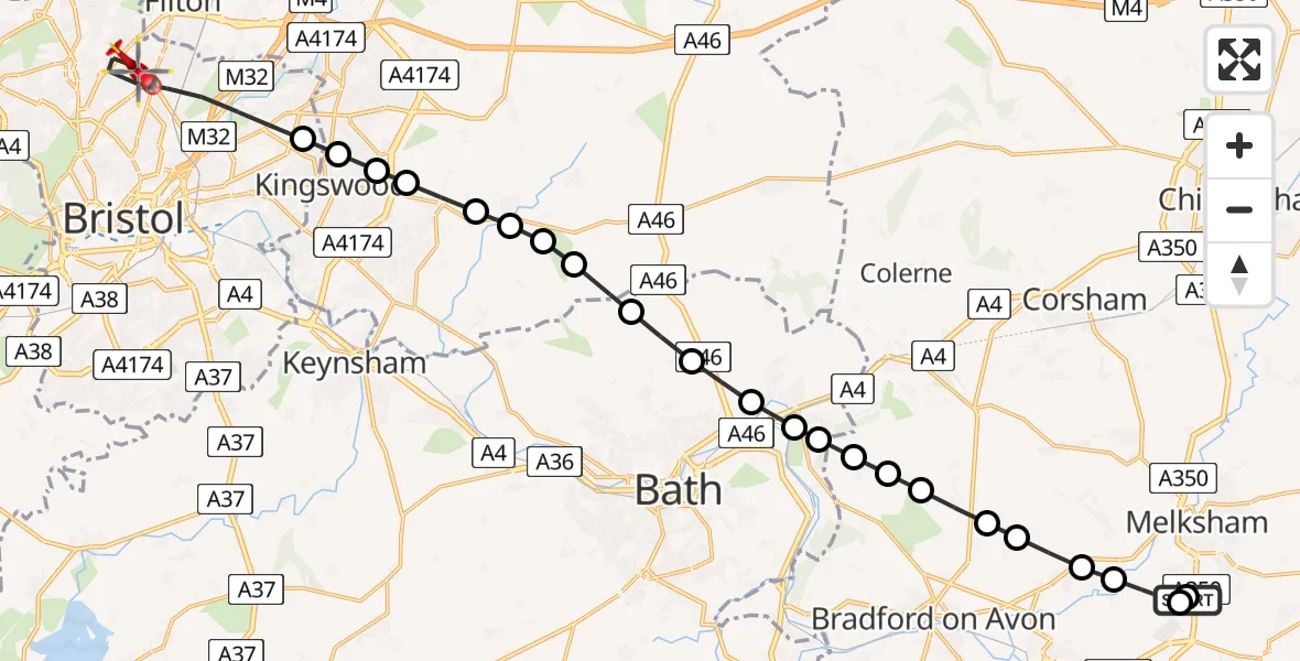 Flight path map showing Air Ambulance Helicopter route from Wiltshire Air Ambulance to Bristol