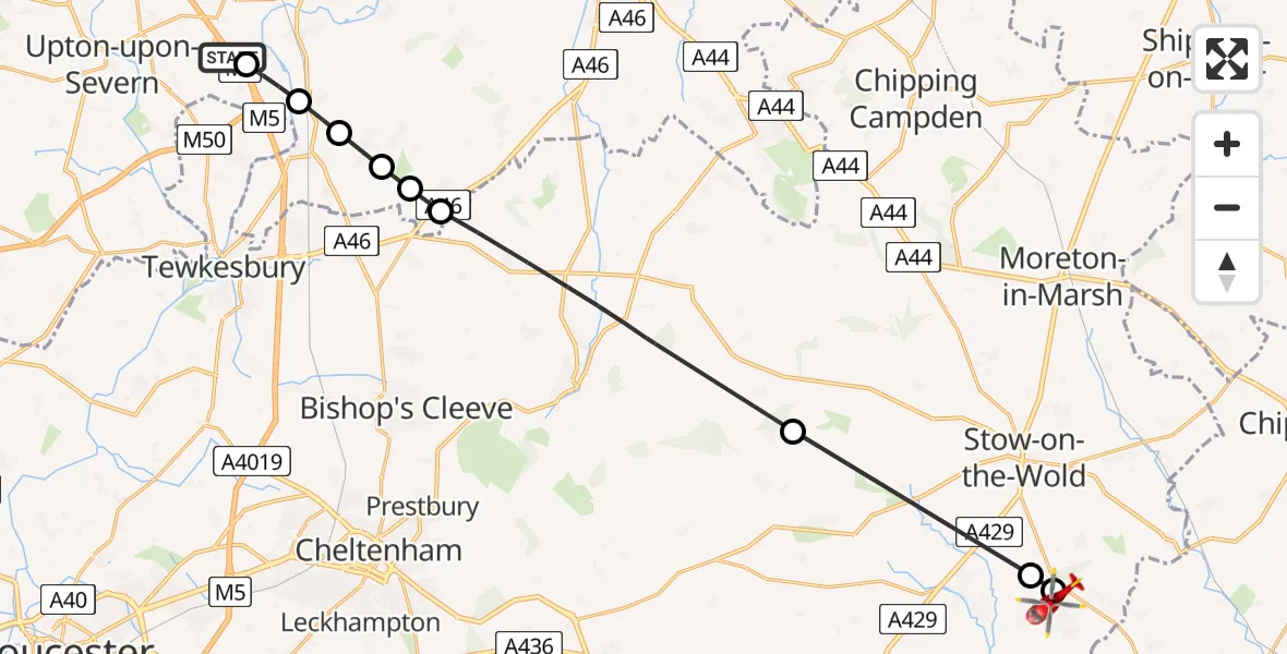 Flight path map showing Air Ambulance Helicopter route from Kinnersley to Upper Rissington