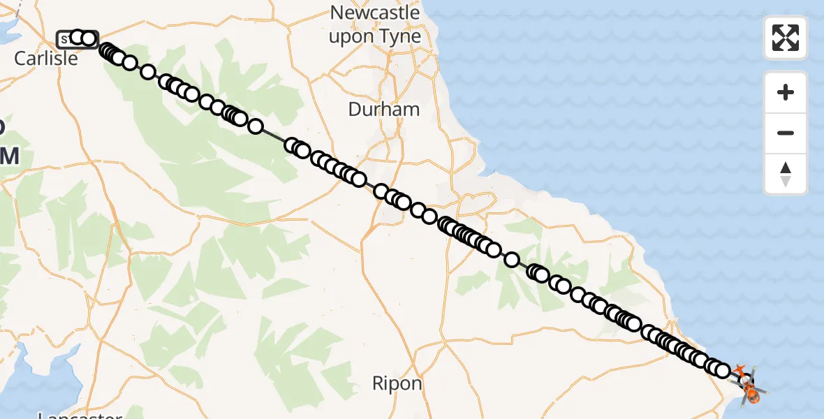 Flight path map showing Coastguard Helicopter route from Carlisle Lake District Airport to Flamborough