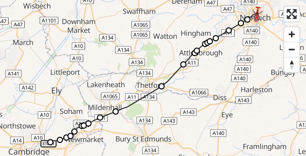Flight path map showing Air Ambulance Helicopter route from Stow cum Quy to Norwich