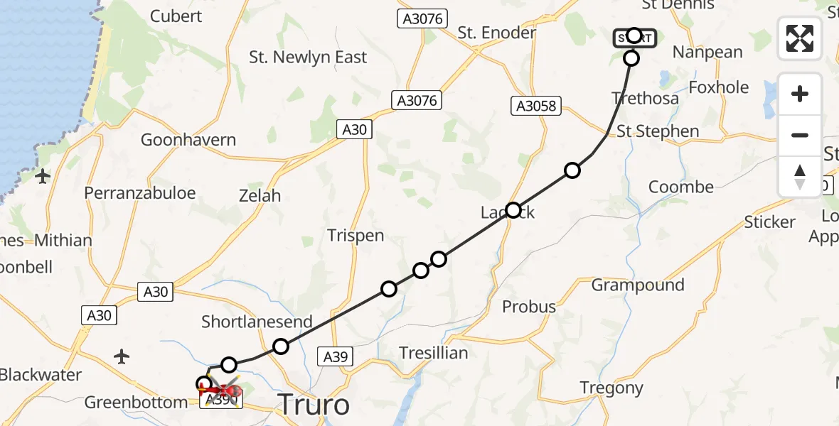 Flight path map showing Air Ambulance Helicopter route from St. Stephen-in-Brannel to Langarth