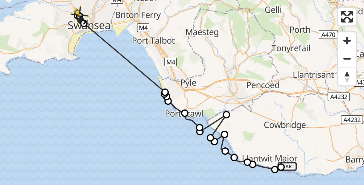 Flight path map showing Police Helicopter route from MOD St Athan to Mayhill