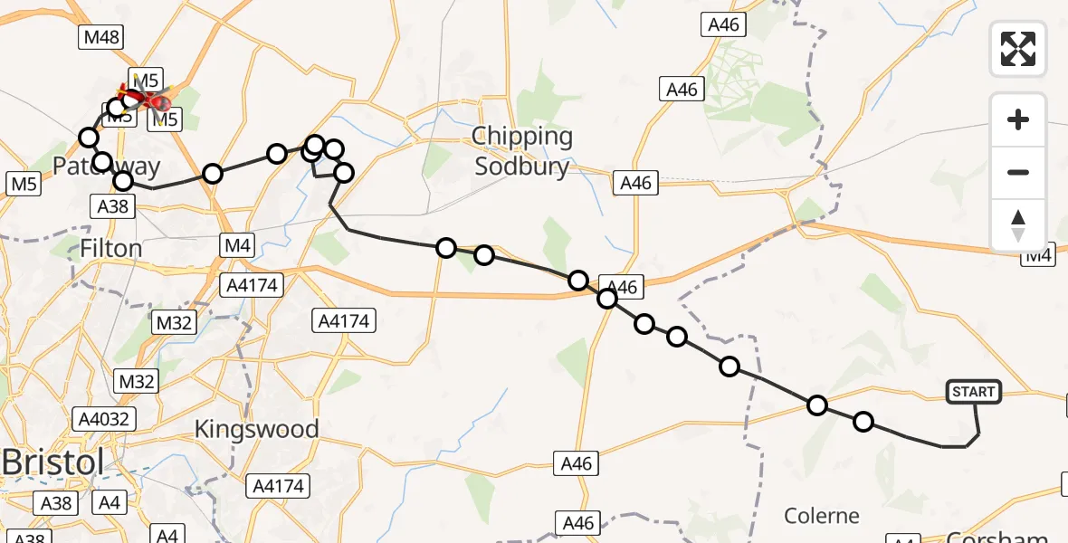 Flight path map showing Air Ambulance Helicopter route from Biddestone to Almondsbury Helicopter Base