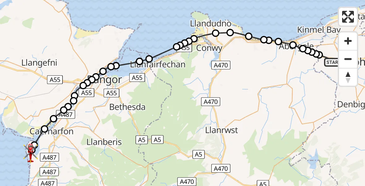 Flight path map showing Air Ambulance Helicopter route from St Asaph to Caernarfon Airport
