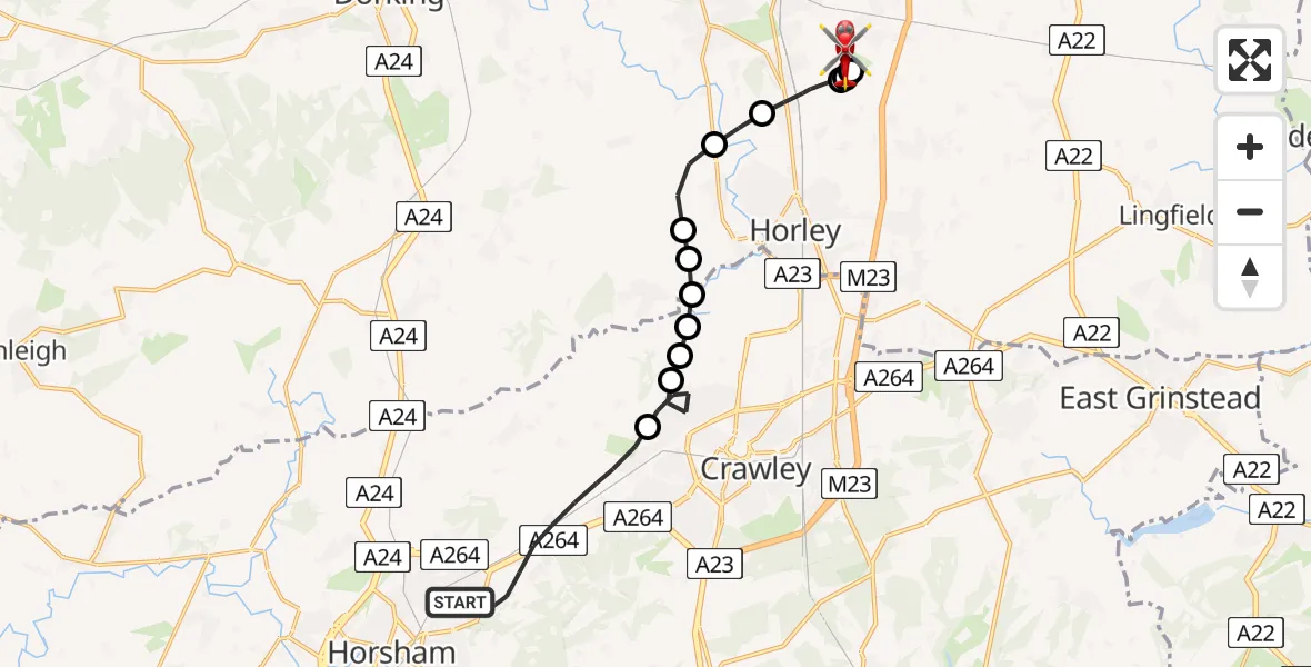 Flight path map showing Air Ambulance Helicopter route from Horsham to Redhill Aerodrome
