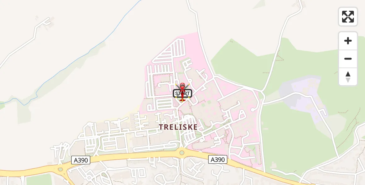 Flight path map showing Air Ambulance Helicopter route from Treliske Hospital to Treliske Hospital