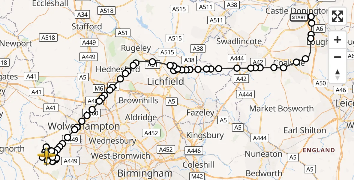 Flight path map showing Police Aircraft route from East Midlands Airport to Wolverhampton Halfpenny Green Airport