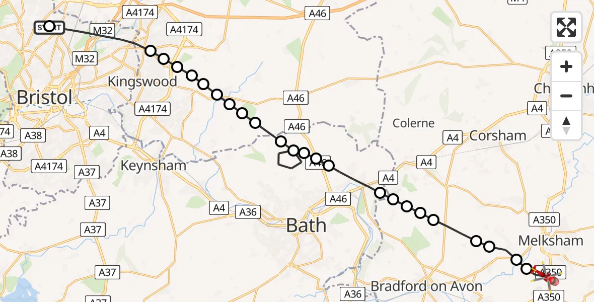 Flight path map showing Air Ambulance Helicopter route from Southmead Hospital to Semington