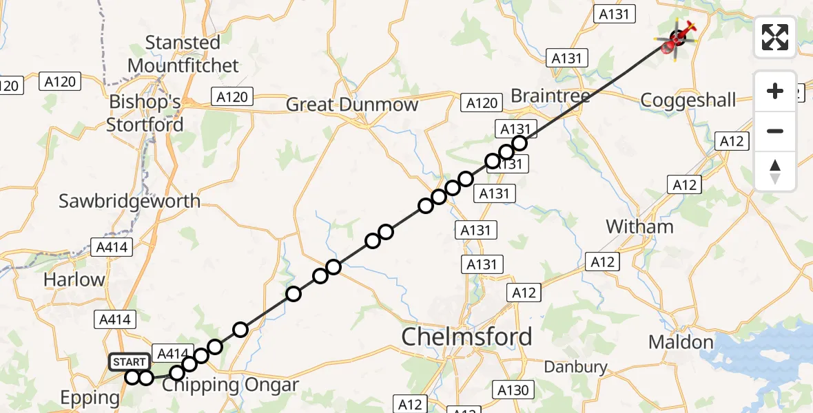 Flight path map showing Air Ambulance Helicopter route from North Weald Airfield to Earls Colne Airfield