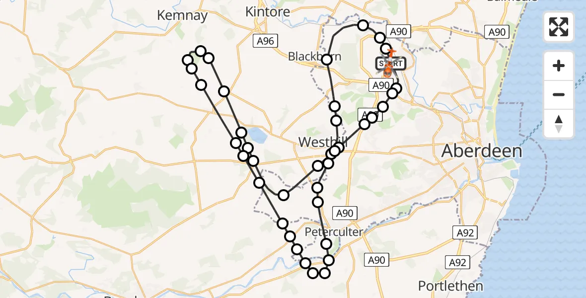 Flight path map showing Coastguard Helicopter route from Aberdeen International Airport to Aberdeen International Airport