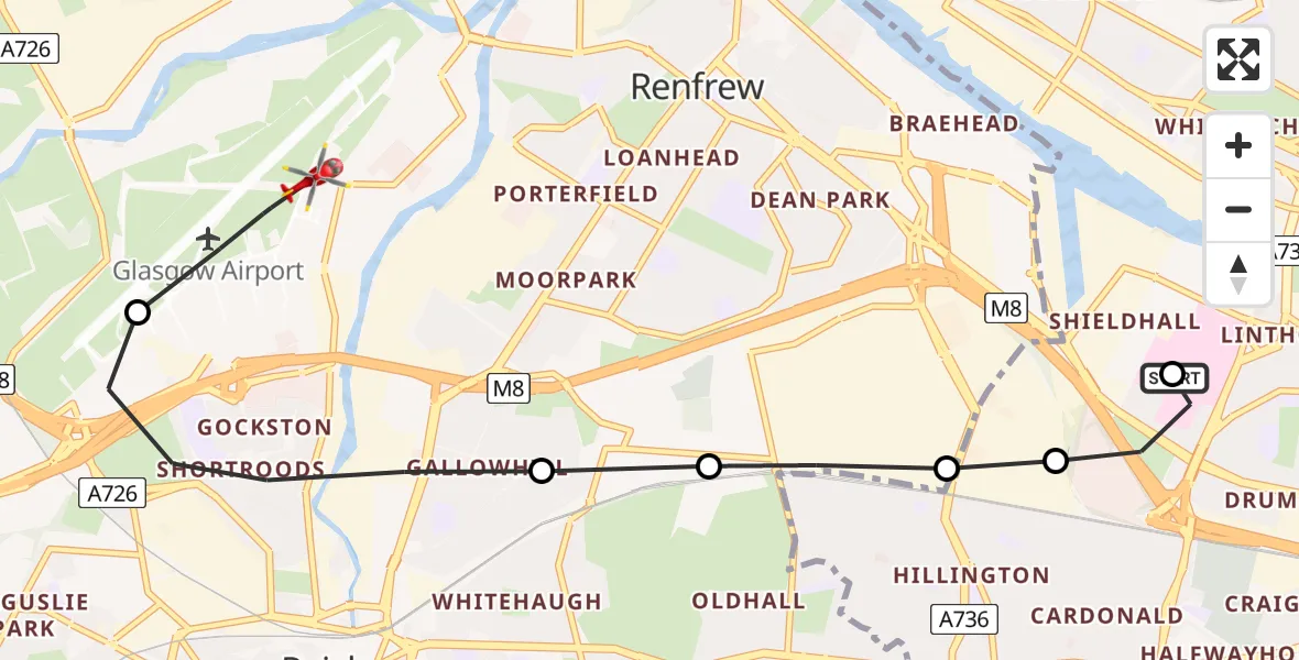Flight path map showing Air Ambulance Helicopter route from Queen Elizabeth Hospital to Glasgow Airport