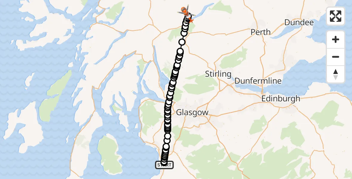 Flight path map showing Coastguard Helicopter route from Glasgow Prestwick Airport to Cam Chreag
