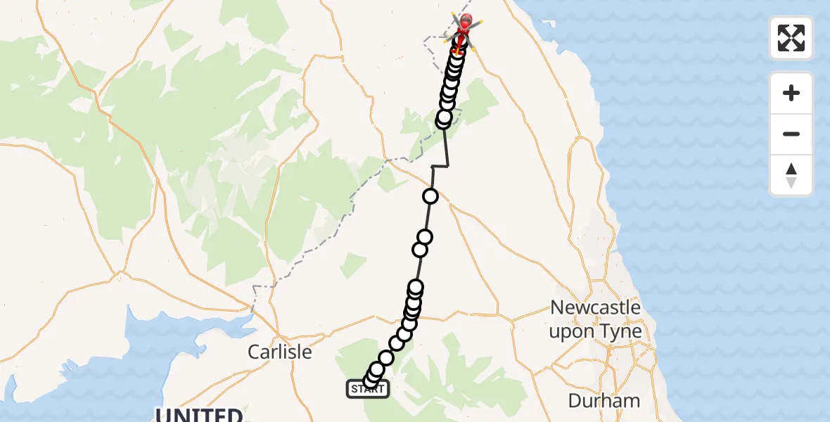 Flight path map showing Air Ambulance Helicopter route from Kirkoswald to Cornhill-on-Tweed