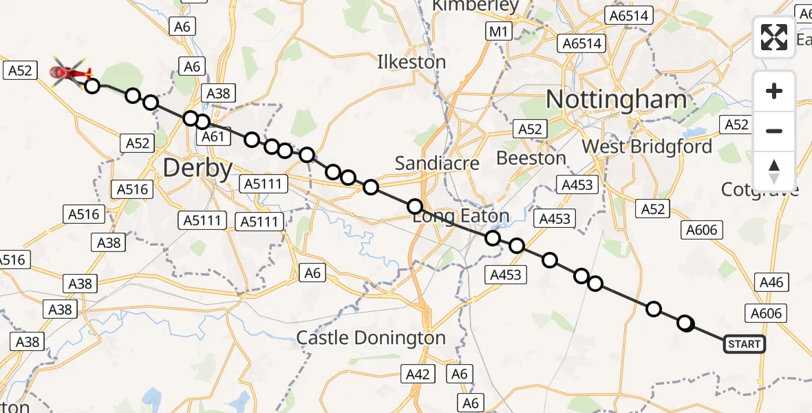 Flight path map showing Air Ambulance Helicopter route from Widmerpool to Kirk Langley CP