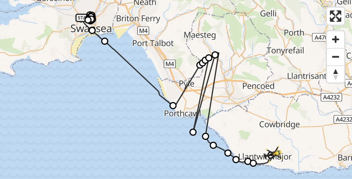 Flight path map showing Police Helicopter route from Gendros to Boverton