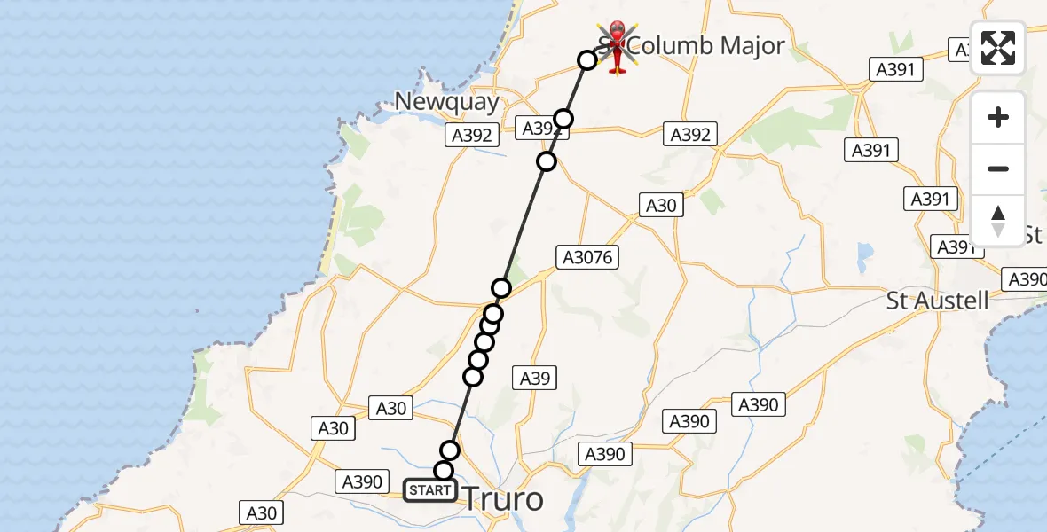 Flight path map showing Air Ambulance Helicopter route from Treliske Hospital to Cornwall Airport Newquay
