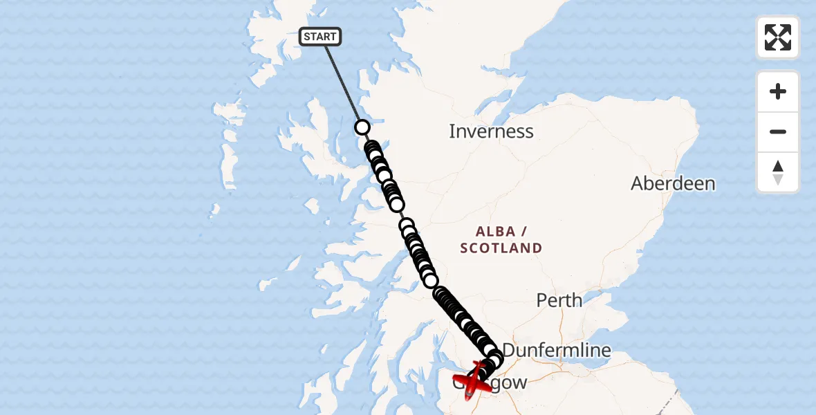Flight path map showing Air Ambulance Aircraft route from Inner Seas to Glasgow Airport