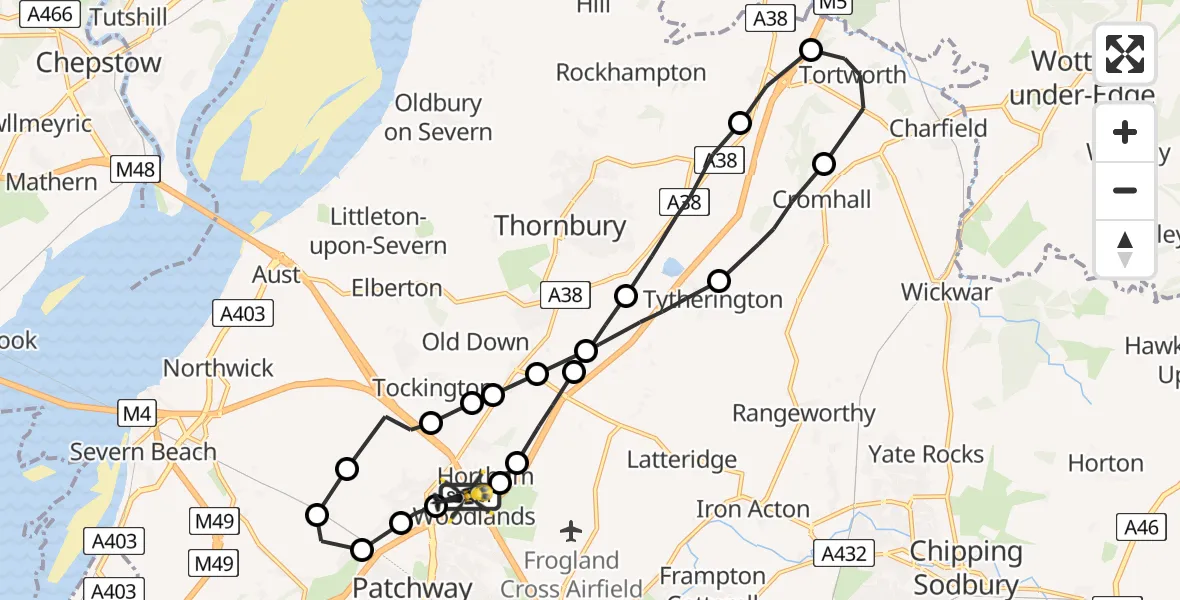 Flight path map showing Police Helicopter route from Almondsbury Helicopter Base to Almondsbury Helicopter Base