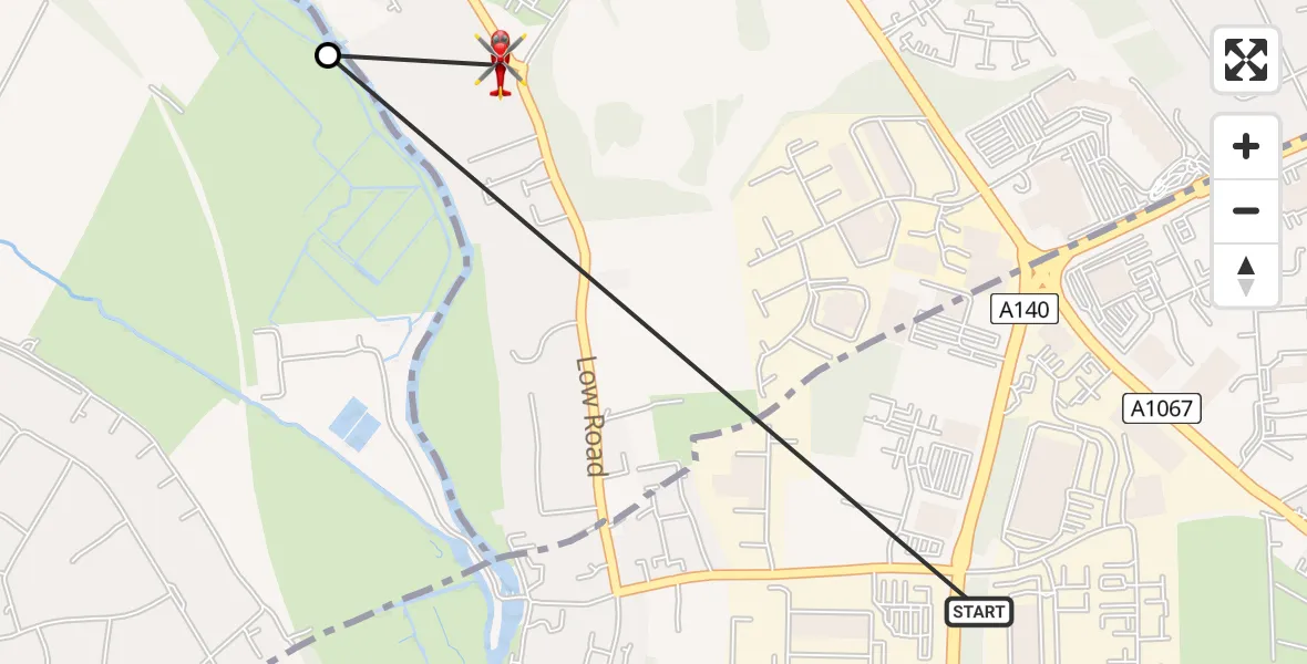 Flight path map showing Air Ambulance Helicopter route from Norwich to Broadland
