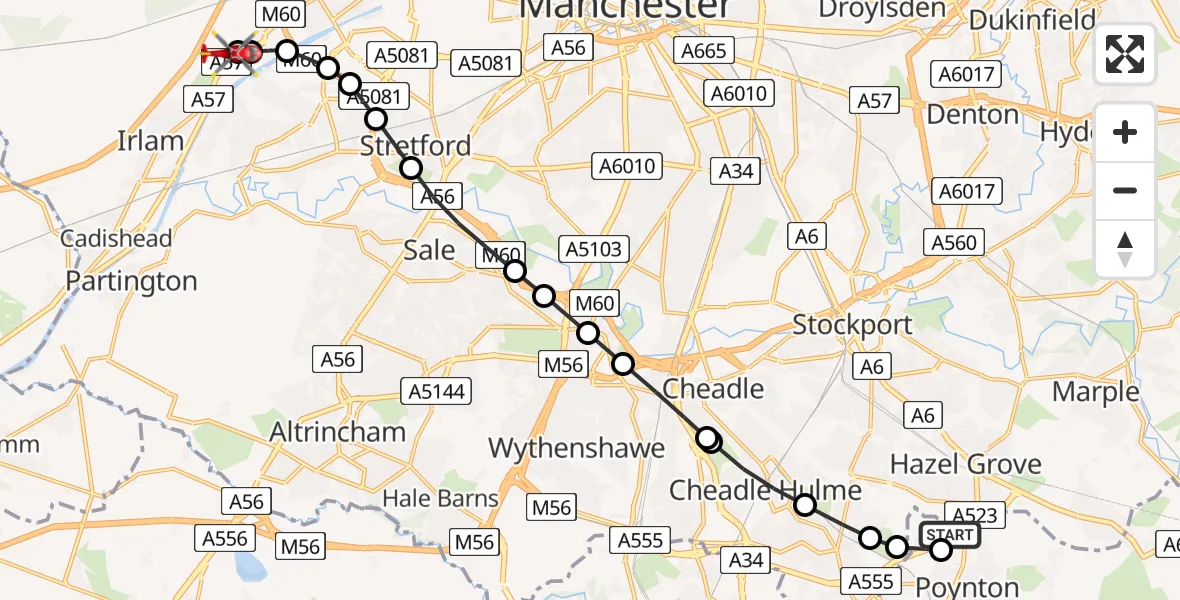Flight path map showing Air Ambulance Helicopter route from Hazel Grove to Manchester Barton Aerodrome