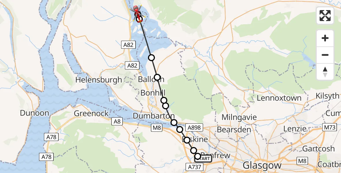 Flight path map showing Air Ambulance Helicopter route from Glasgow Airport to Loch Lomond