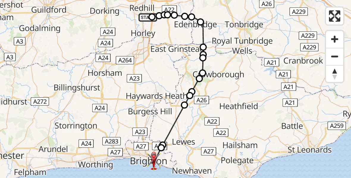 Flight path map showing Air Ambulance Helicopter route from Redhill Aerodrome to Brighton