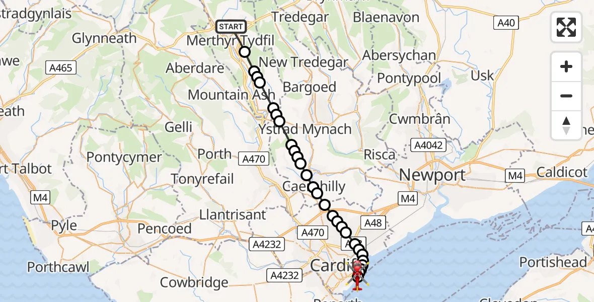 Flight path map showing Air Ambulance Helicopter route from Merthyr Tydfil to Cardiff Heliport