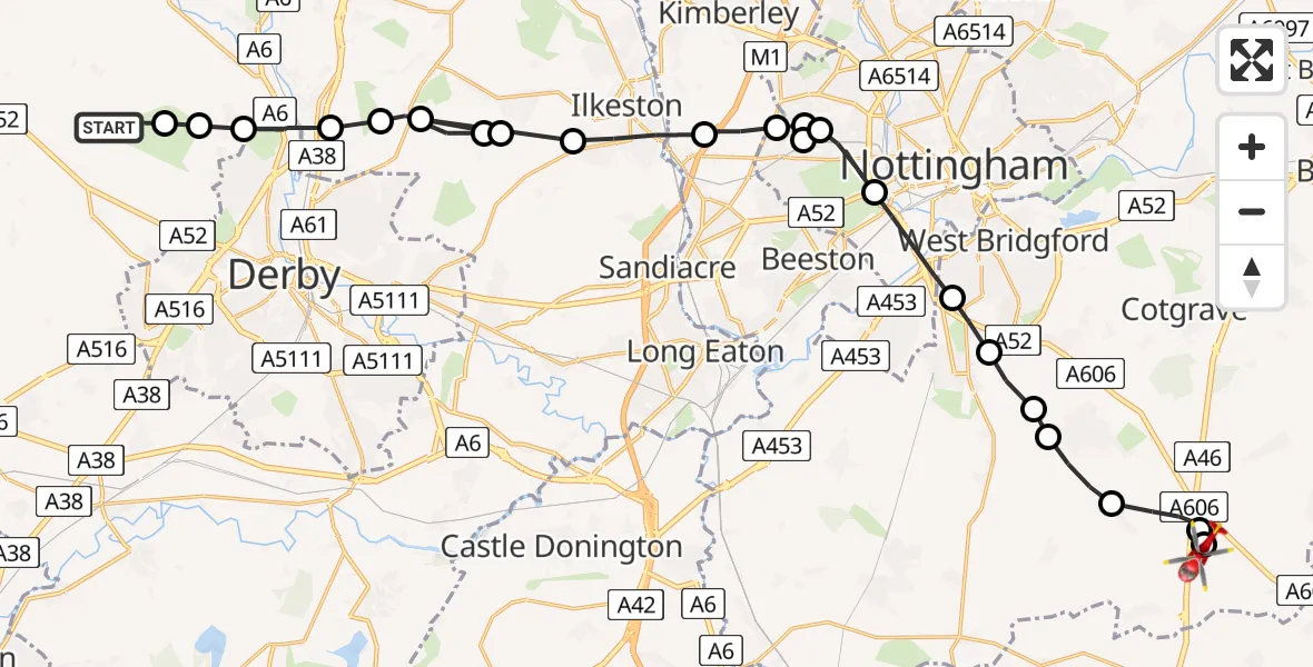 Flight path map showing Air Ambulance Helicopter route from Amber Valley to Nottingham Heliport