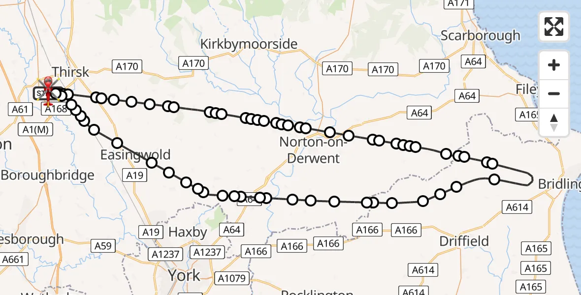 Flight path map showing Air Ambulance Helicopter route from RAF Topcliffe to RAF Topcliffe
