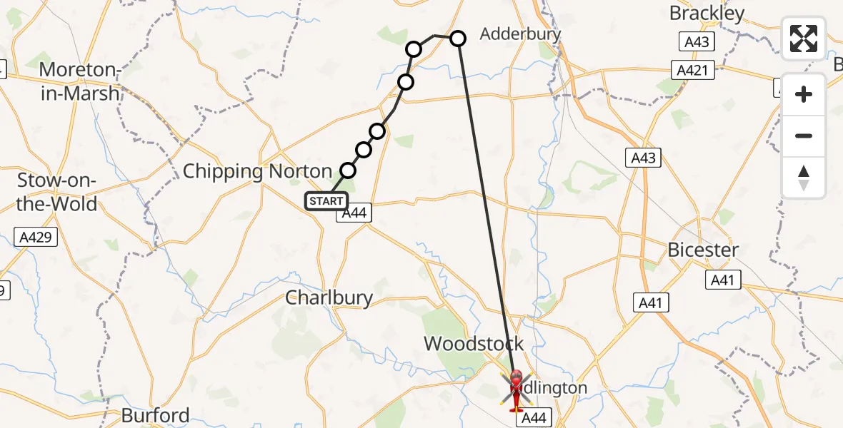 Flight path map showing Air Ambulance Helicopter route from Enstone to Begbroke