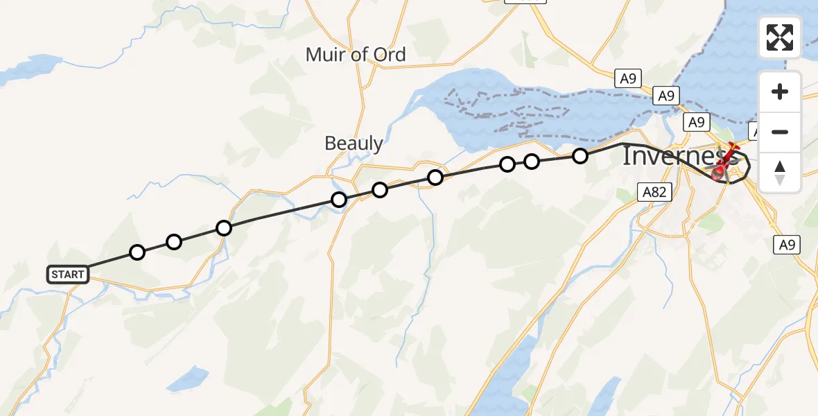 Flight path map showing Air Ambulance Helicopter route from Struy to Inverness