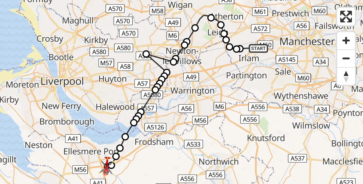 Flight path map showing Air Ambulance Helicopter route from Manchester Barton Aerodrome to Stoak