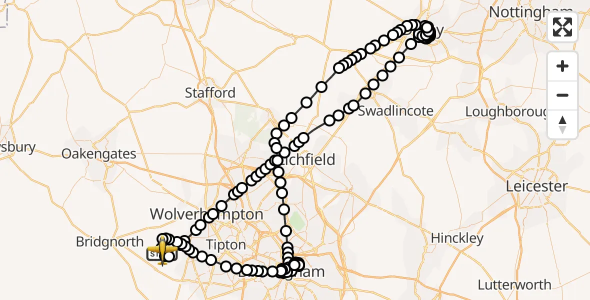 Flight path map showing Police Aircraft route from Wolverhampton Halfpenny Green Airport to Wolverhampton Halfpenny Green Airport