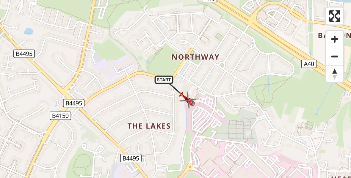 Flight path map showing Air Ambulance Helicopter route from Oxford to Oxford