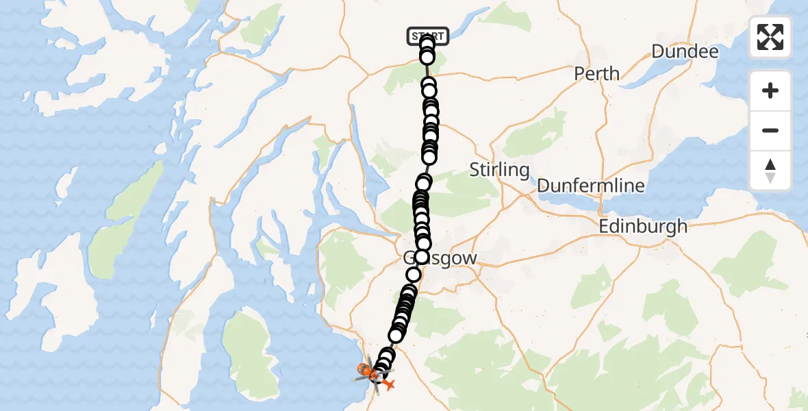 Flight path map showing Coastguard Helicopter route from Stirling to Glasgow Prestwick Airport
