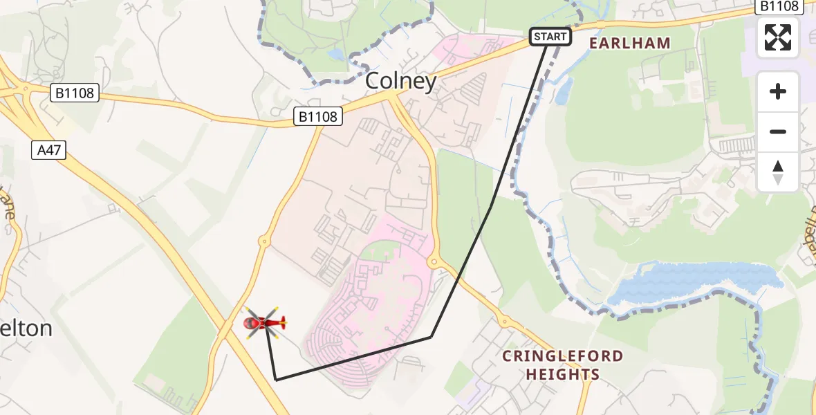 Flight path map showing Air Ambulance Helicopter route from Colney to Colney