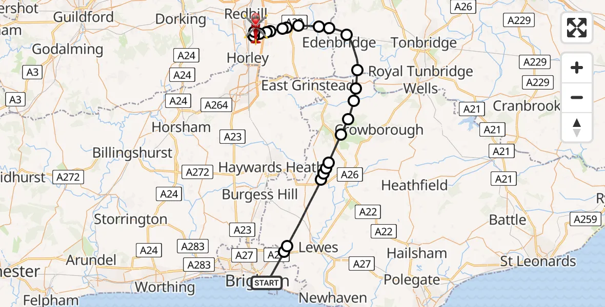 Flight path map showing Air Ambulance Helicopter route from Brighton to Redhill Aerodrome