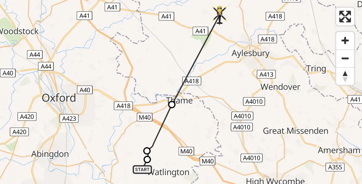 Flight path map showing Police Helicopter route from Chalgrove to Waddesdon
