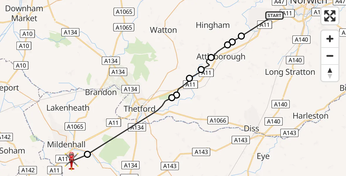 Flight path map showing Air Ambulance Helicopter route from Hethersett to West Suffolk