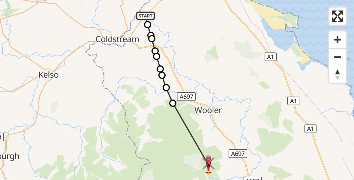Flight path map showing Air Ambulance Helicopter route from Duddo to Ingram