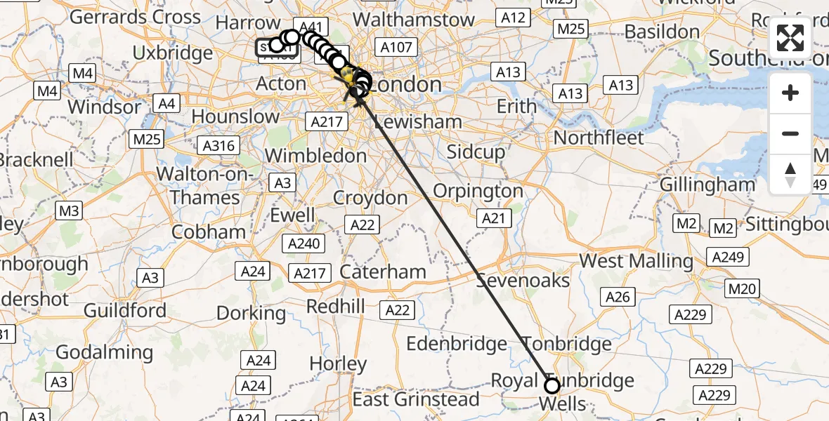 Flight path map showing Police Helicopter route from Brent to City of Westminster