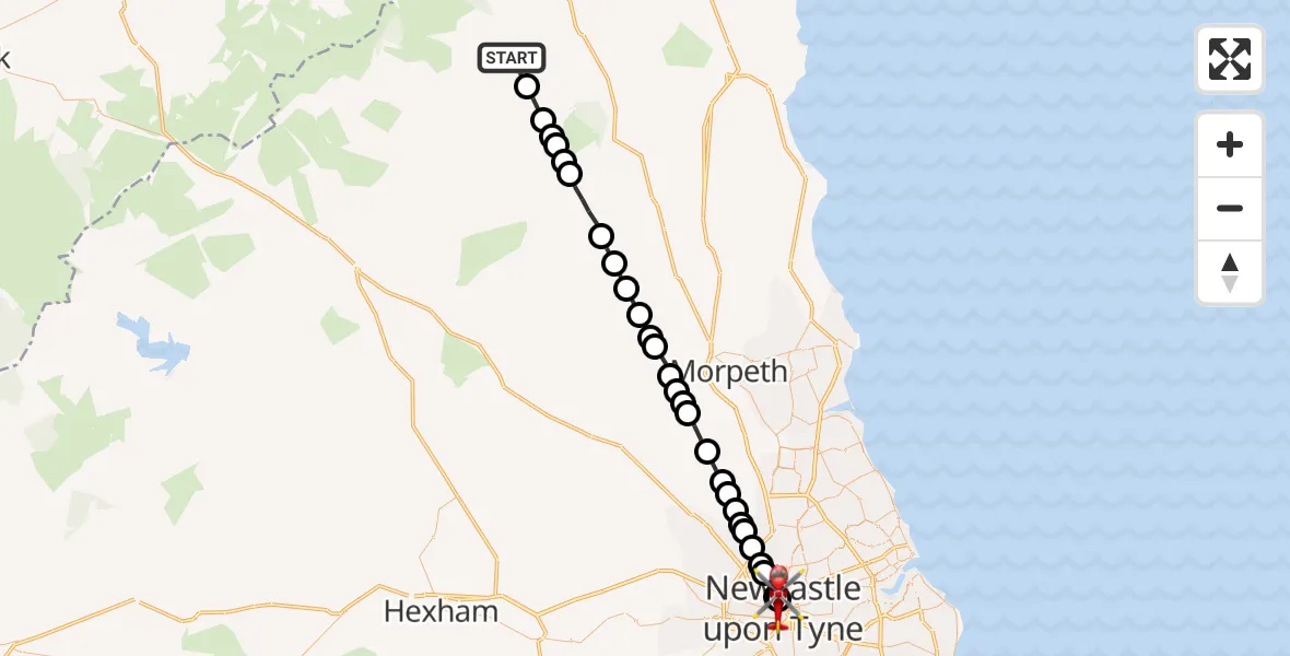 Flight path map showing Air Ambulance Helicopter route from Ingram to Newcastle Royal Victoria Infirmary