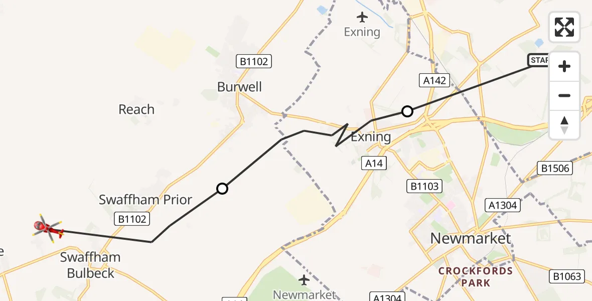 Flight path map showing Air Ambulance Helicopter route from East Cambridgeshire to Lode