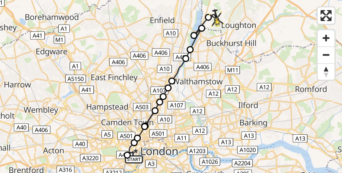 Flight path map showing Police Helicopter route from City of Westminster to Sewardstonebury