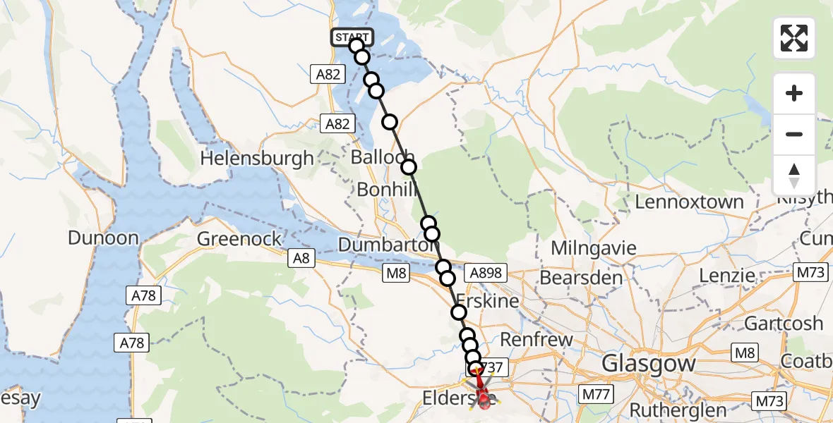 Flight path map showing Air Ambulance Helicopter route from Aldochlay to Elderslie