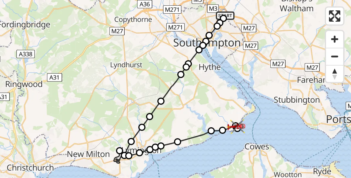 Flight path map showing Air Ambulance Helicopter route from Mansbridge to New Forest