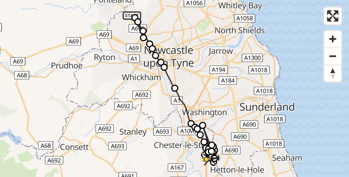 Flight path map showing Police Helicopter route from Newcastle International Airport to Woodstone Village