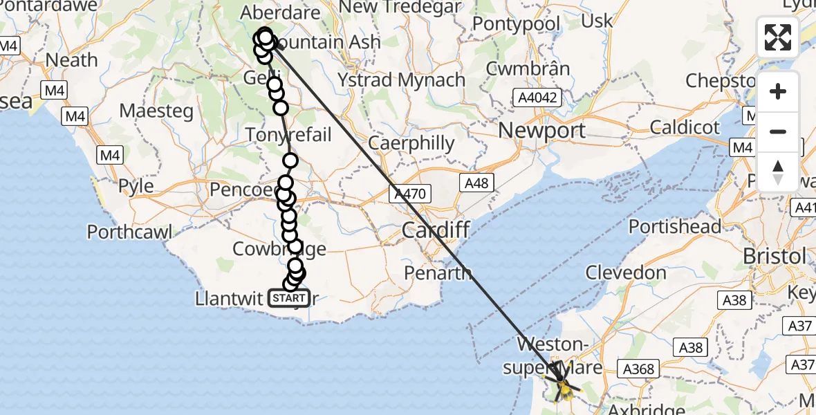 Flight path map showing Police Helicopter route from MOD St Athan to Uphill