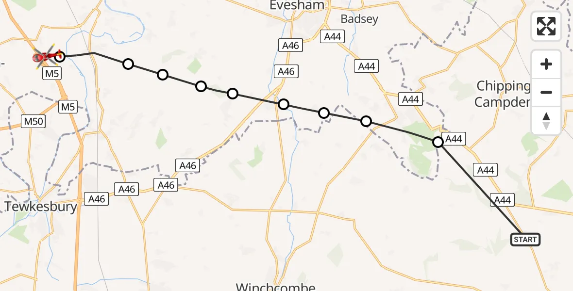 Flight path map showing Air Ambulance Helicopter route from Longborough to Upper Strensham